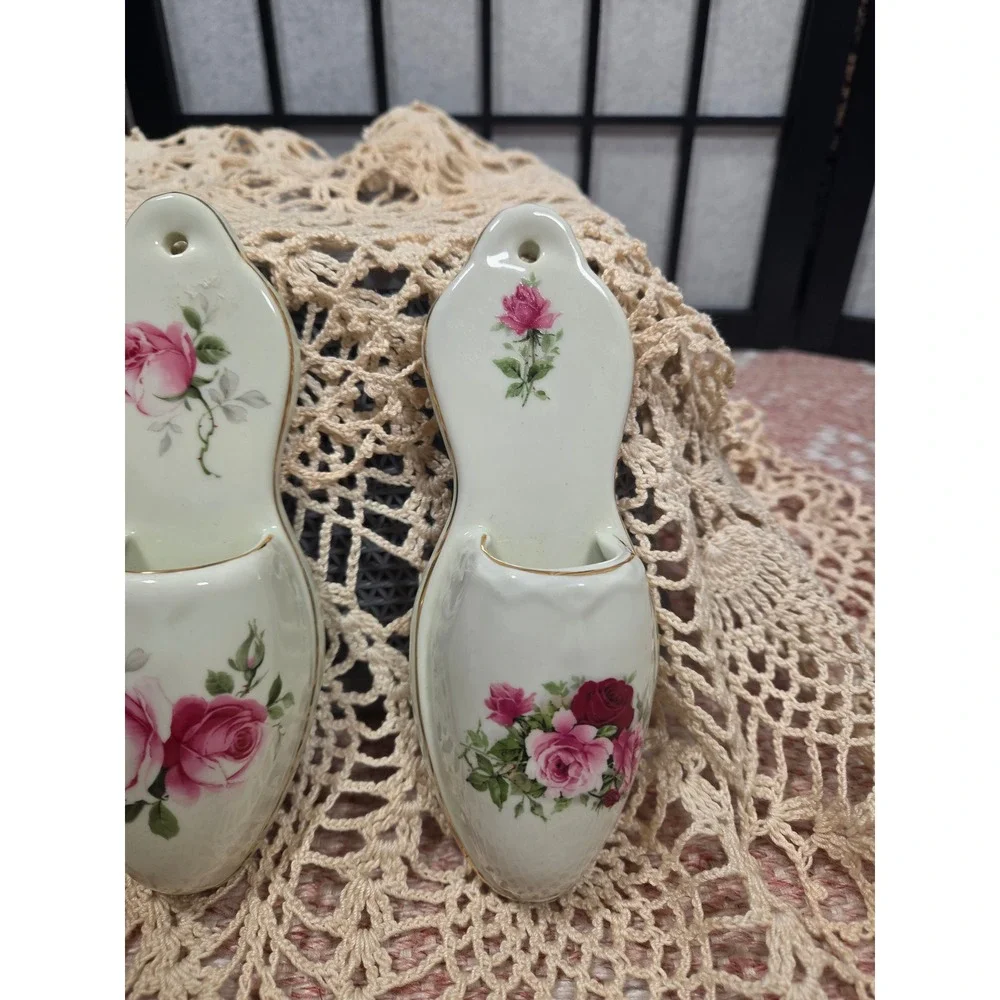 Vintage Floral Ceramic Shoe Wall Pockets Set of 3 Porcelain Slipper Vases Pink